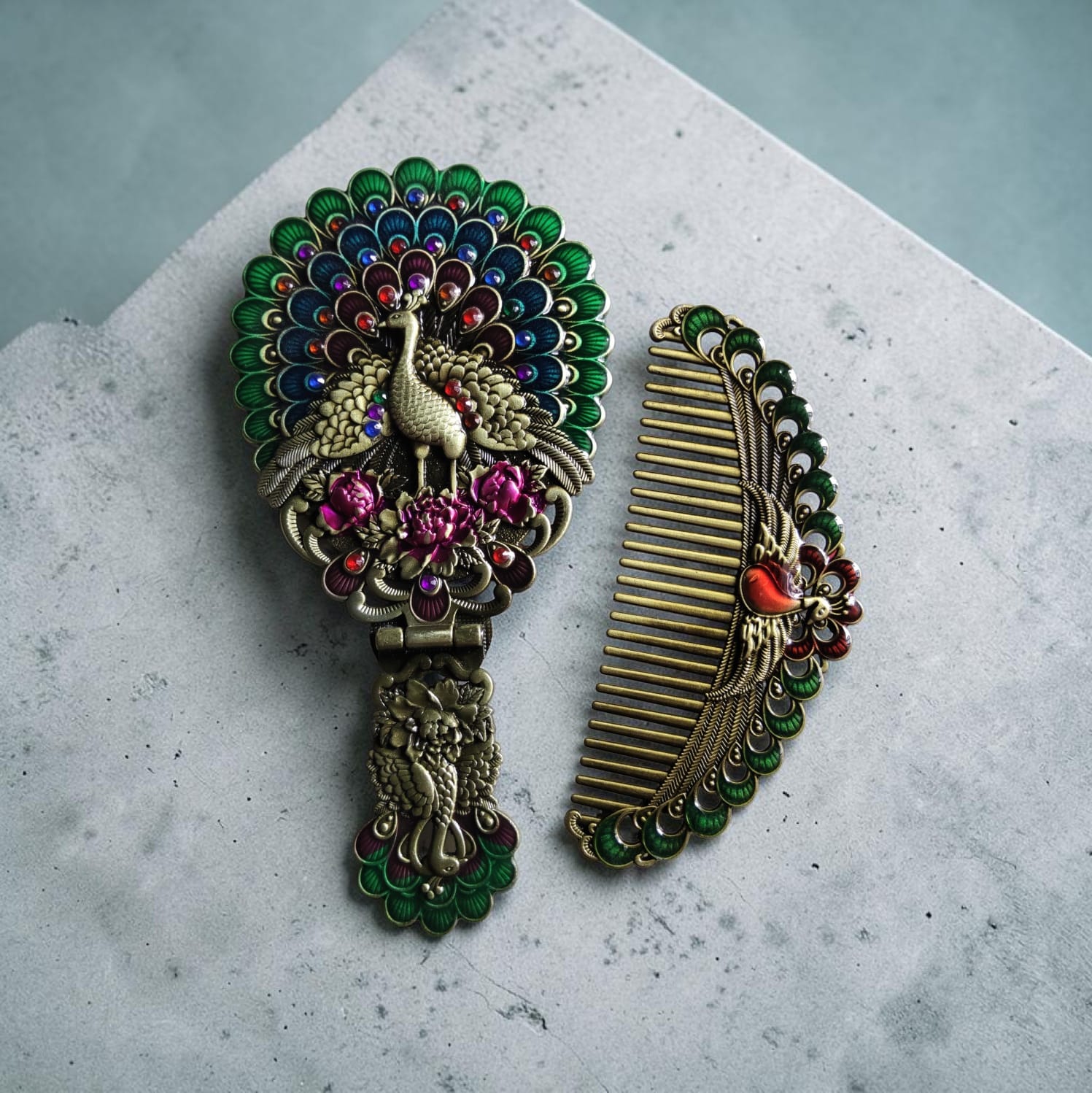 Antique Peacock Hand Mirror & Comb Set - Vintage Metal Vanity Kit with Rhinestone Work