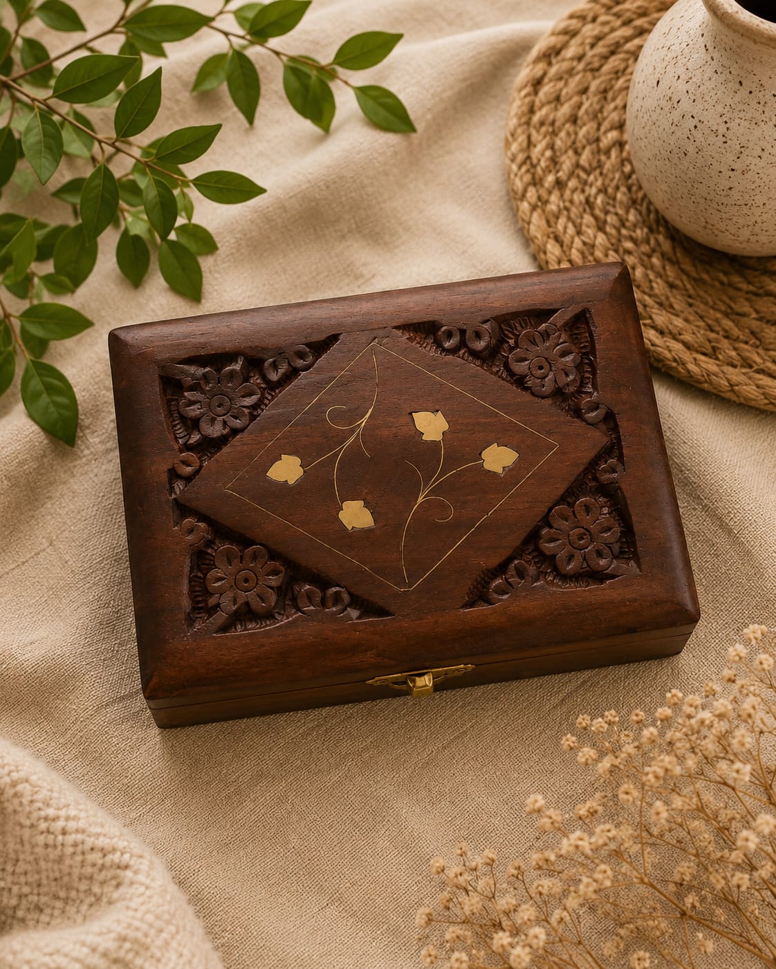 Handmade Wooden Jewellery Box with Brass Work - Rectangle Storage Box