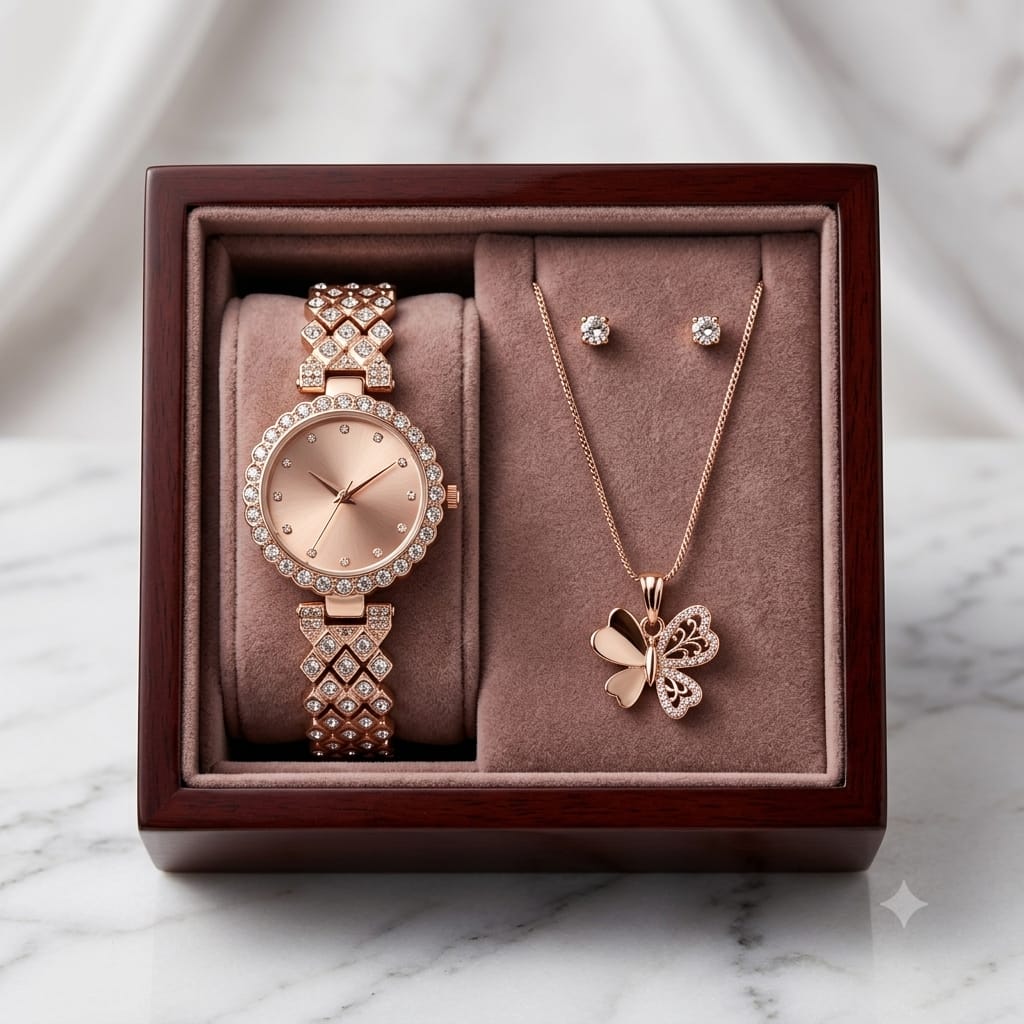 NEWTOUCH Women's Watch & Jewelry Gift Set - Rose Gold Diamond Watch with Pendant Necklace & Stud Earrings