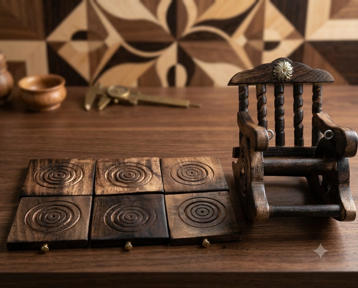 Wooden Rocking Chair Coaster Set.