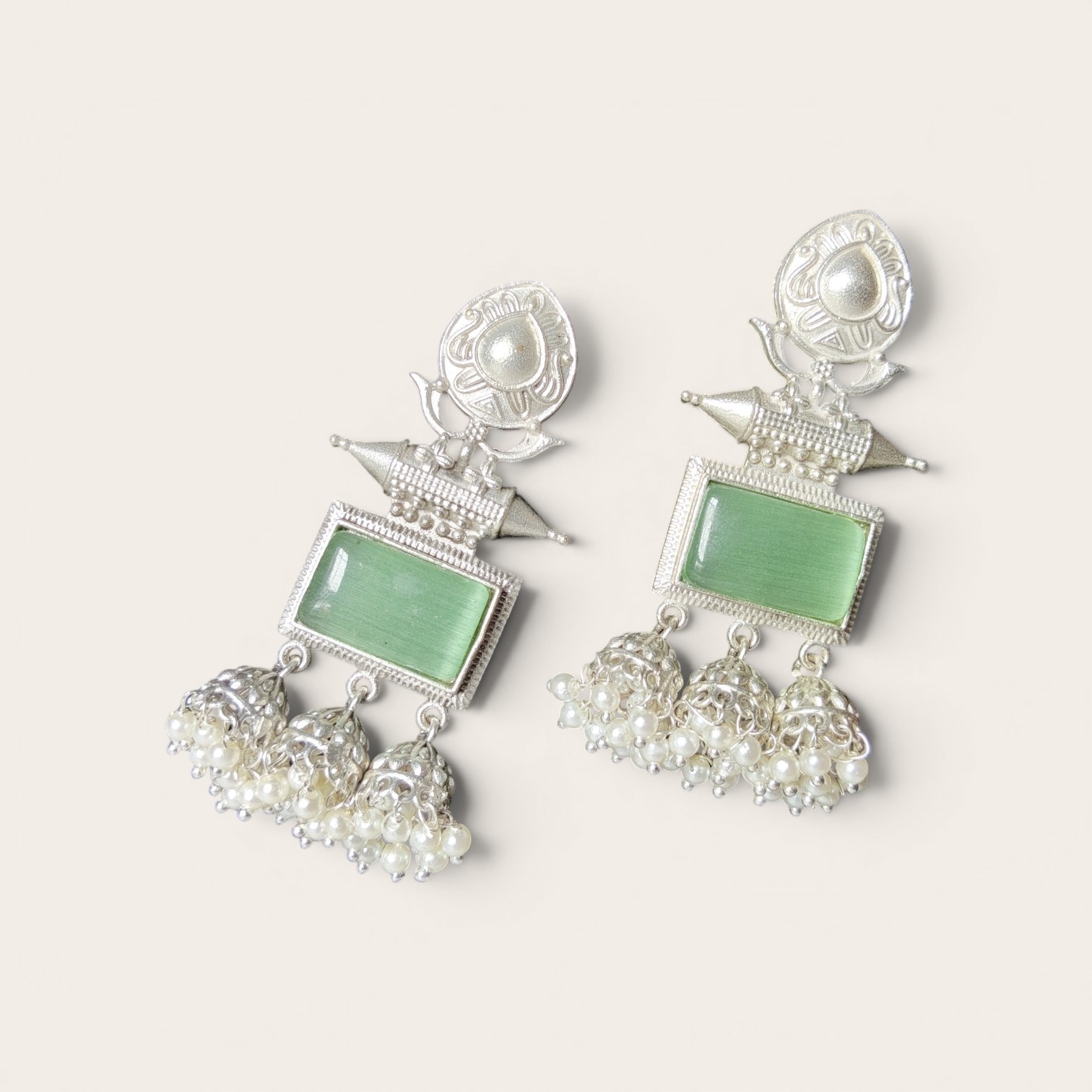 Tara Jaipuri Mint Stone Silver Look Triple Jhumki Earrings