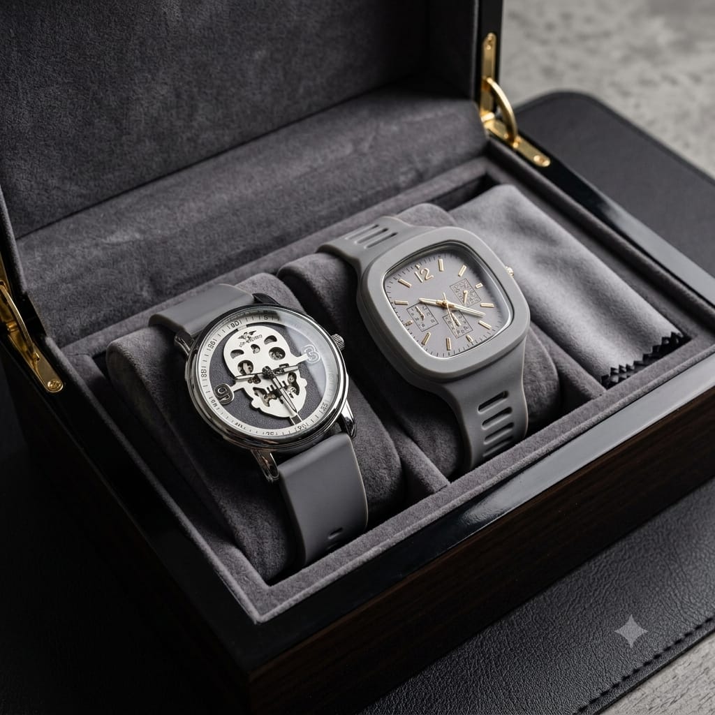 Men's Grey Big Number Skeleton Watch combo
