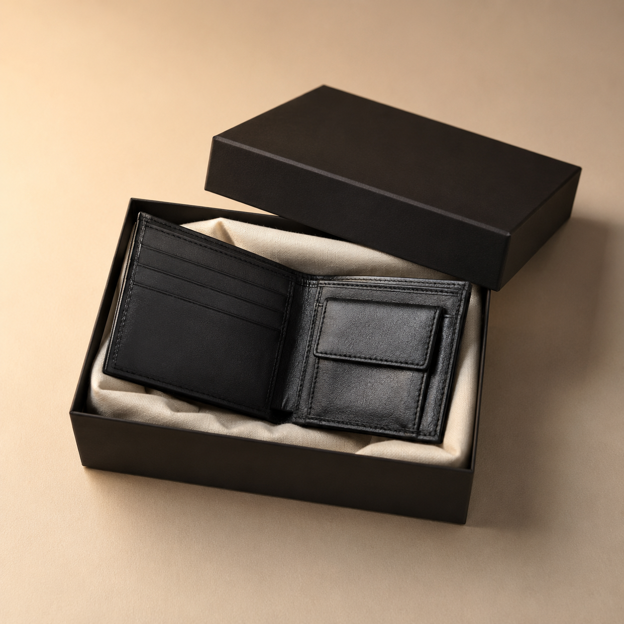 Genuine Leather Men's Wallet - Slim Bi-Fold Card Holder Purse for Men - Black