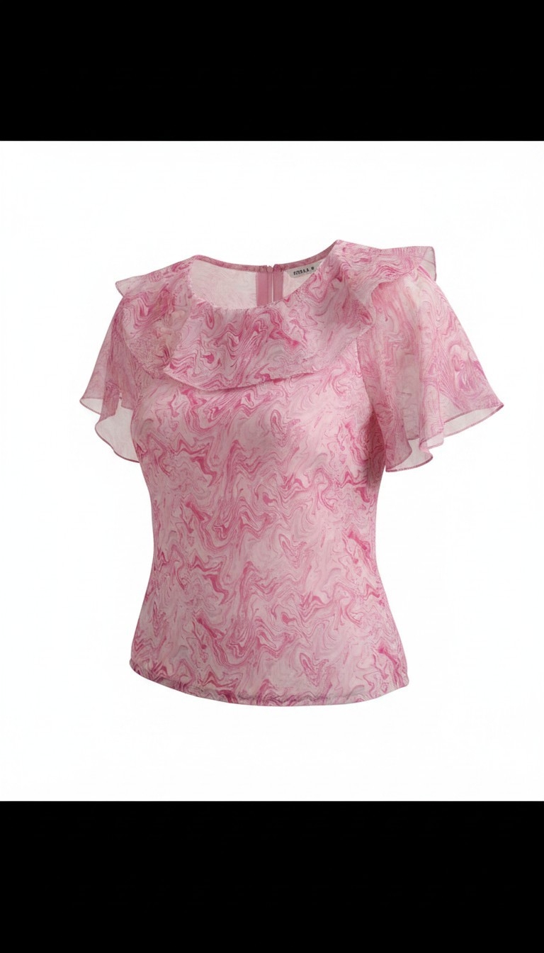 Women's Pink Marble Print Ruffle Collar Chiffon Top with Flutter Sleeves — image 2