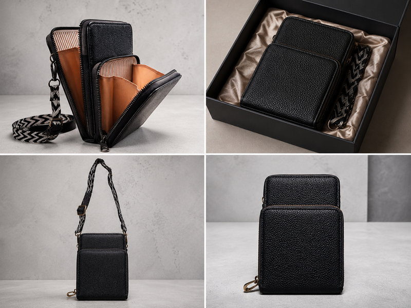 Women's Black Double Zip Wallet Sling Bag - Phone Purse with Designer Printed Strap