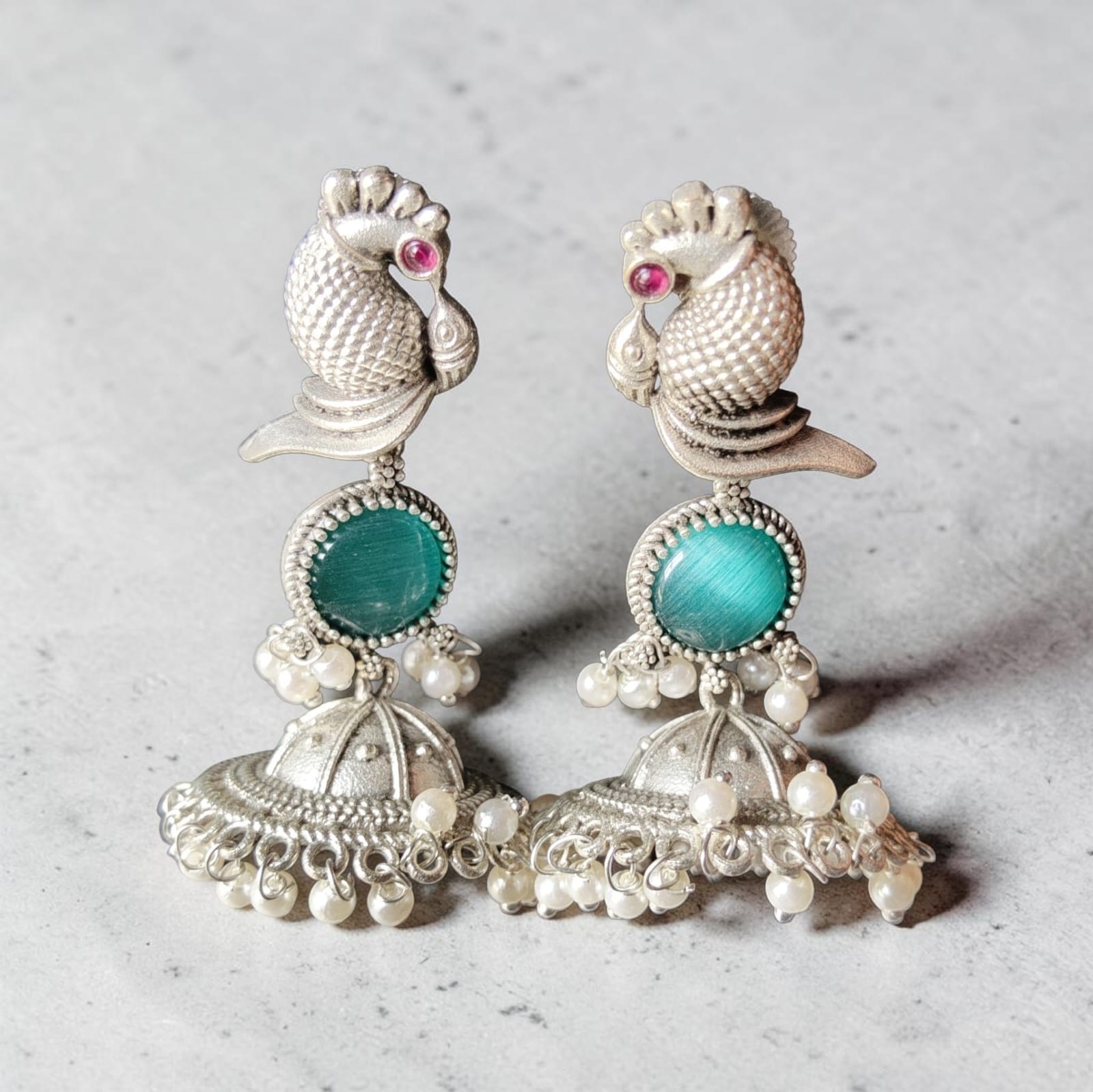 Mor Pankh Jaipuri Oxidised Silver Peacock Jhumka — image 3