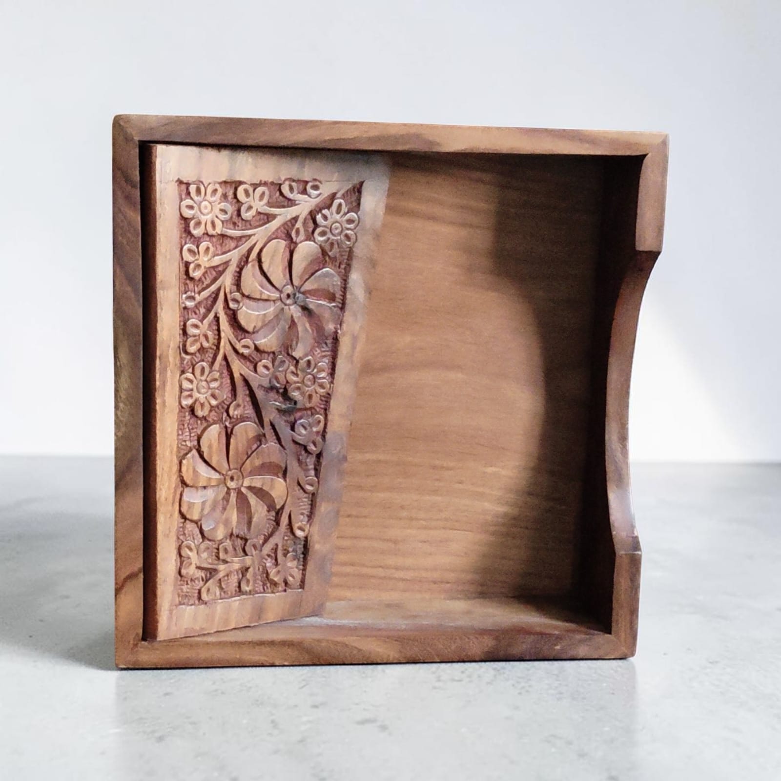 Handcrafted Wooden Wall Shelf with Floral Carving