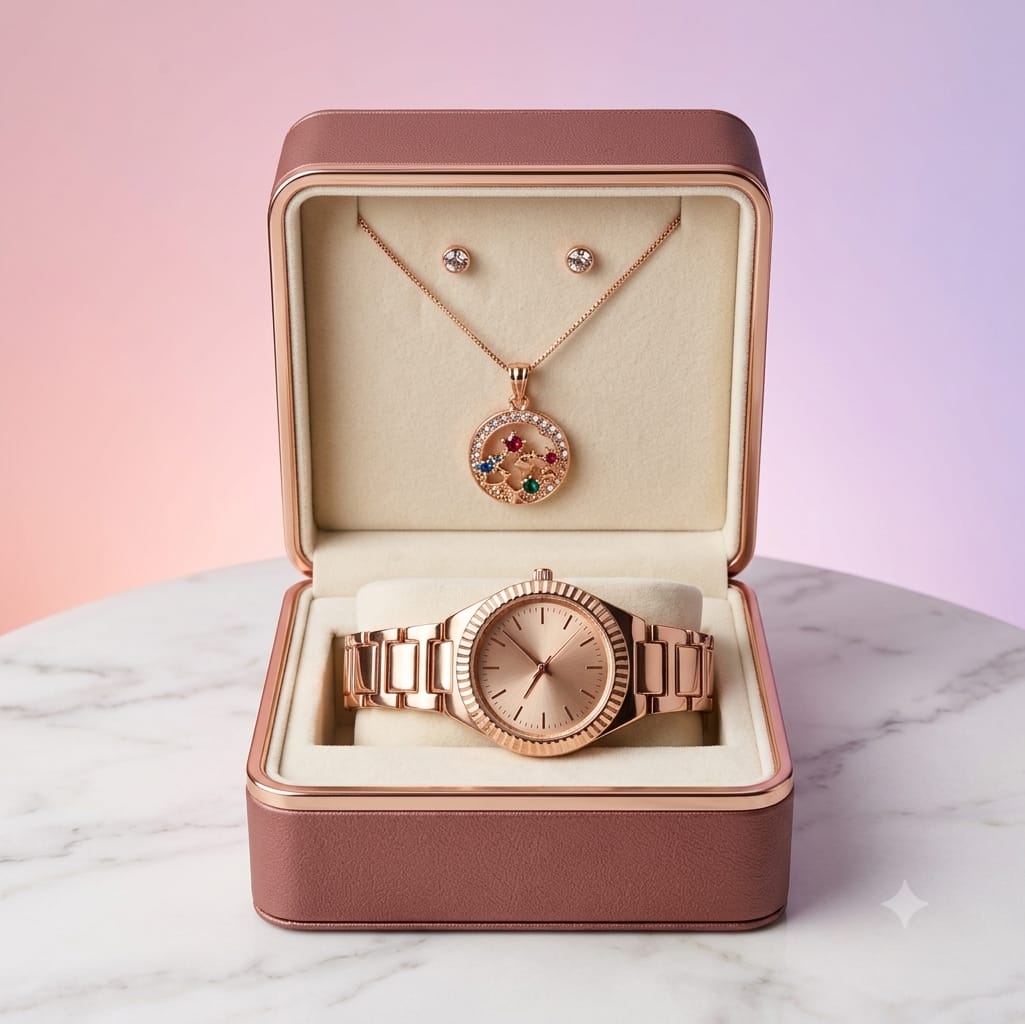 Women's Rose Gold Watch, Necklace & Earrings Gift Set