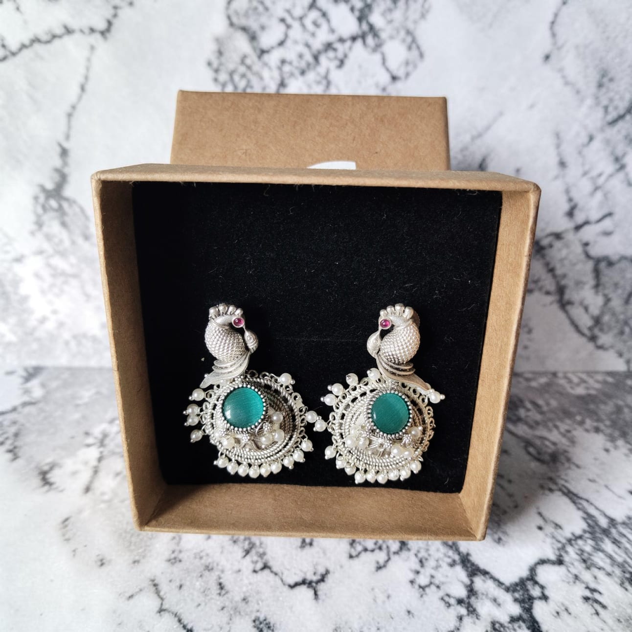 Mor Pankh Jaipuri Oxidised Silver Peacock Jhumka — image 2