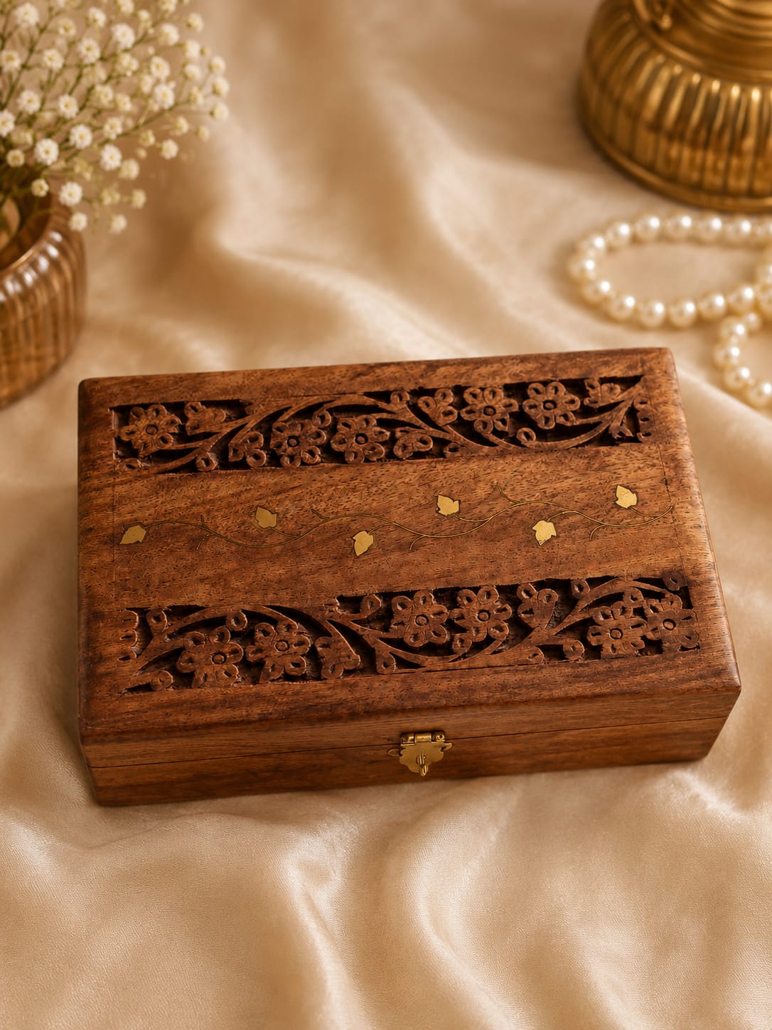 Handcrafted Wooden Jewelry Box Set of 2 - Octagonal Shaped Antique Storage Box with Brass Latch