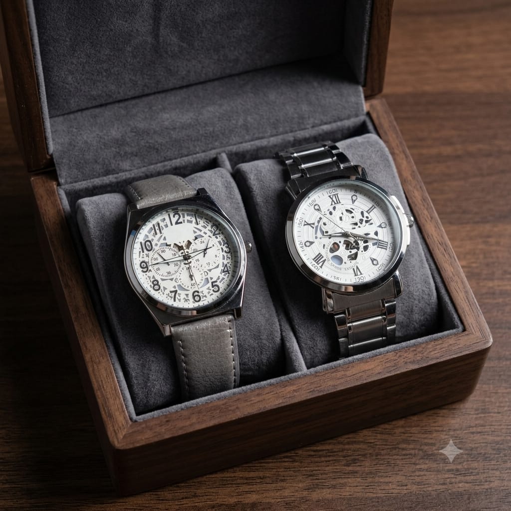 Premium 2-in-1 Men Watch Silver Metal Chain Skeleton Dial + Grey Leather Strap Chronograph Watch | Gift Box Pack | Office Party Collection