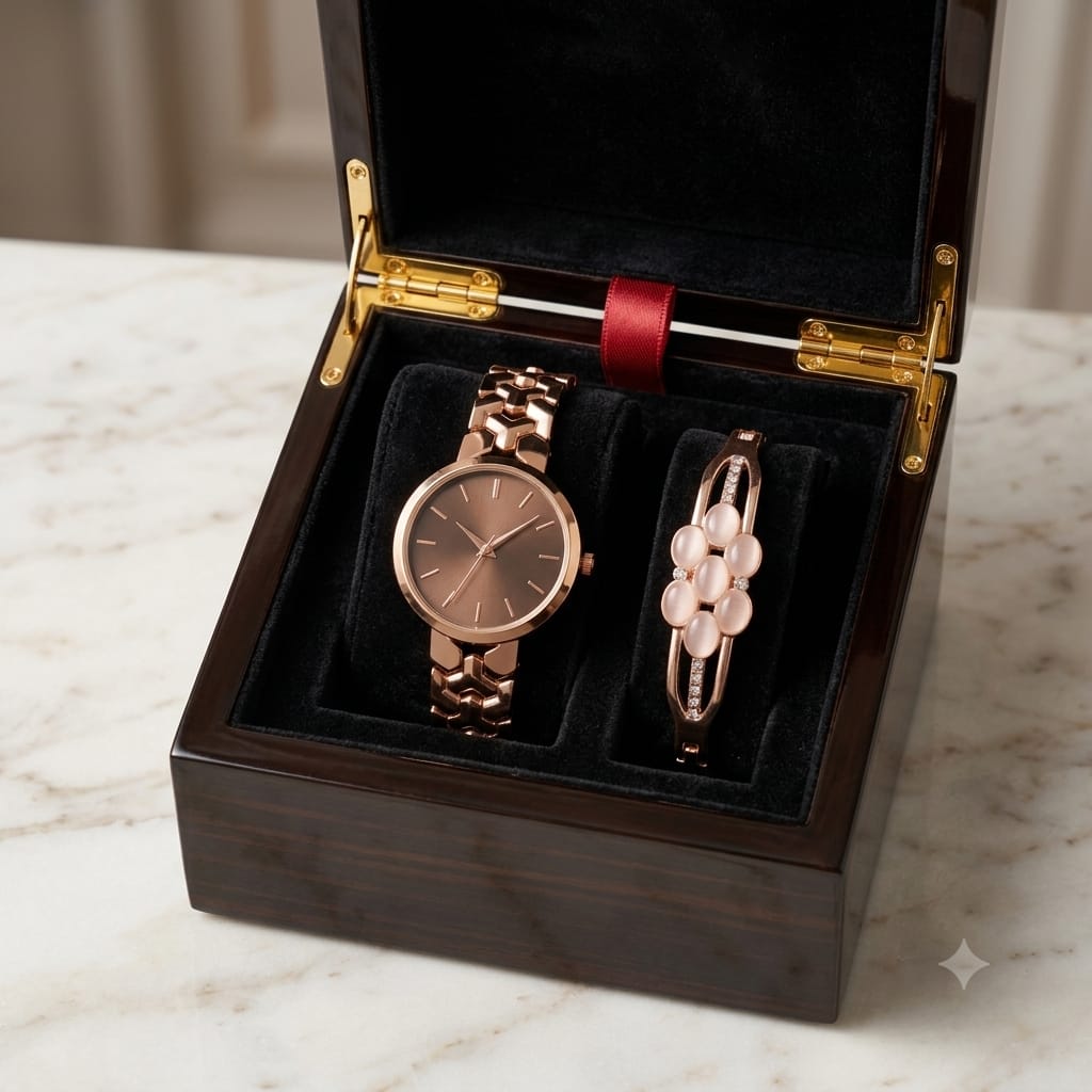 Women's Rose Gold Watch & Bracelet Gift Set