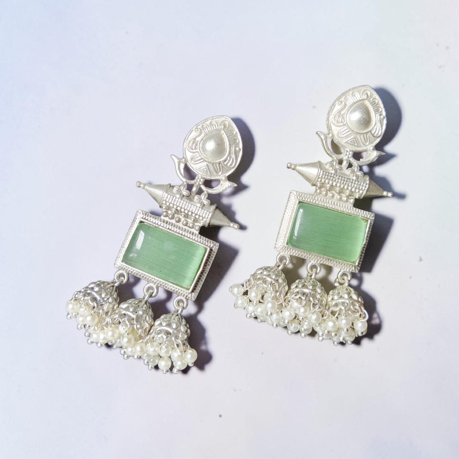 Tara Jaipuri Mint Stone Silver Look Triple Jhumki Earrings — image 2