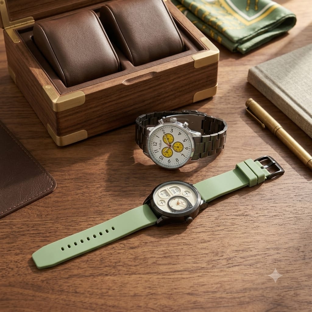 2-in-1 Men's Watch Combo | A Watch Silver Metal Chain + Green Silicone Designer Dial Watch
