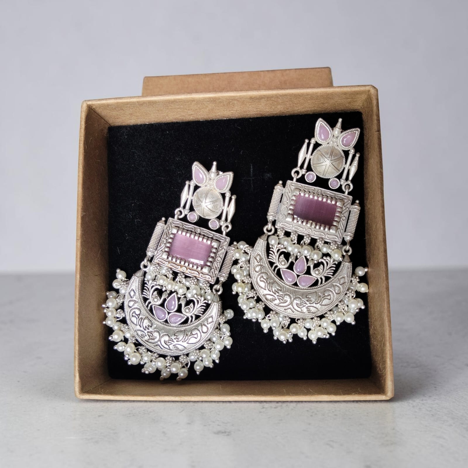 Gulabi Noor Jaipuri Silver Look Pink Stone Chandbali Jhumka