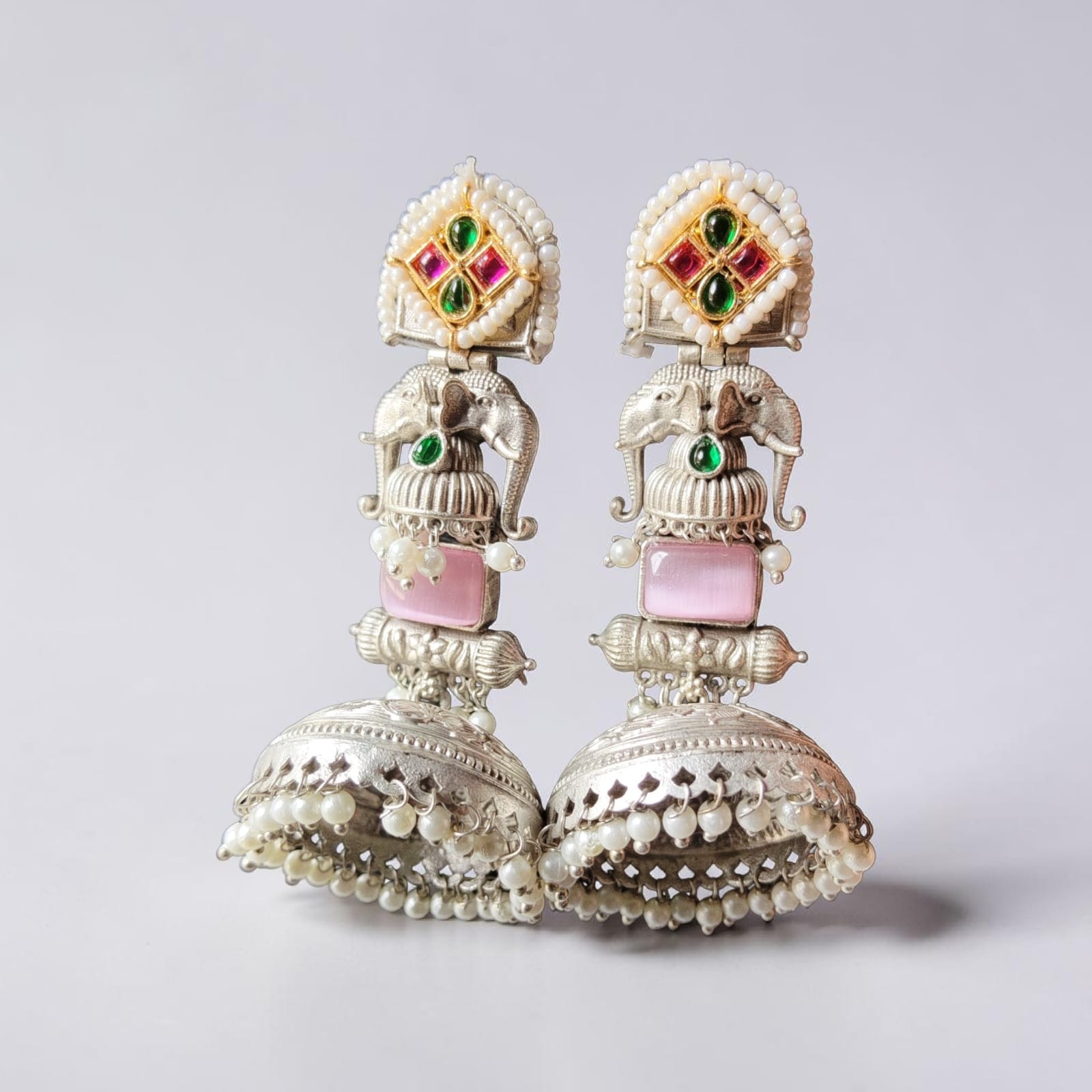 Gajraj Jaipuri Long Elephant Silver Look Jhumka Earrings — image 3