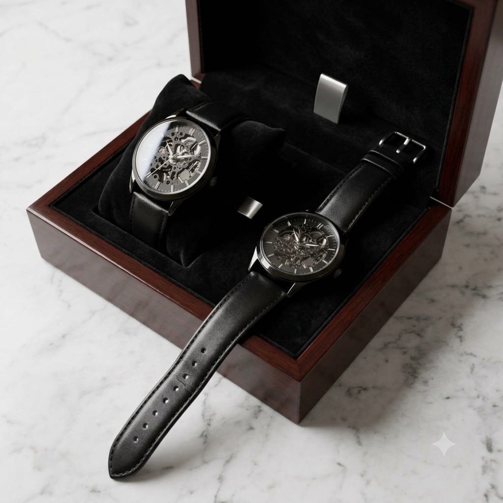 Men's Black Skeleton Dial Sporty Watch