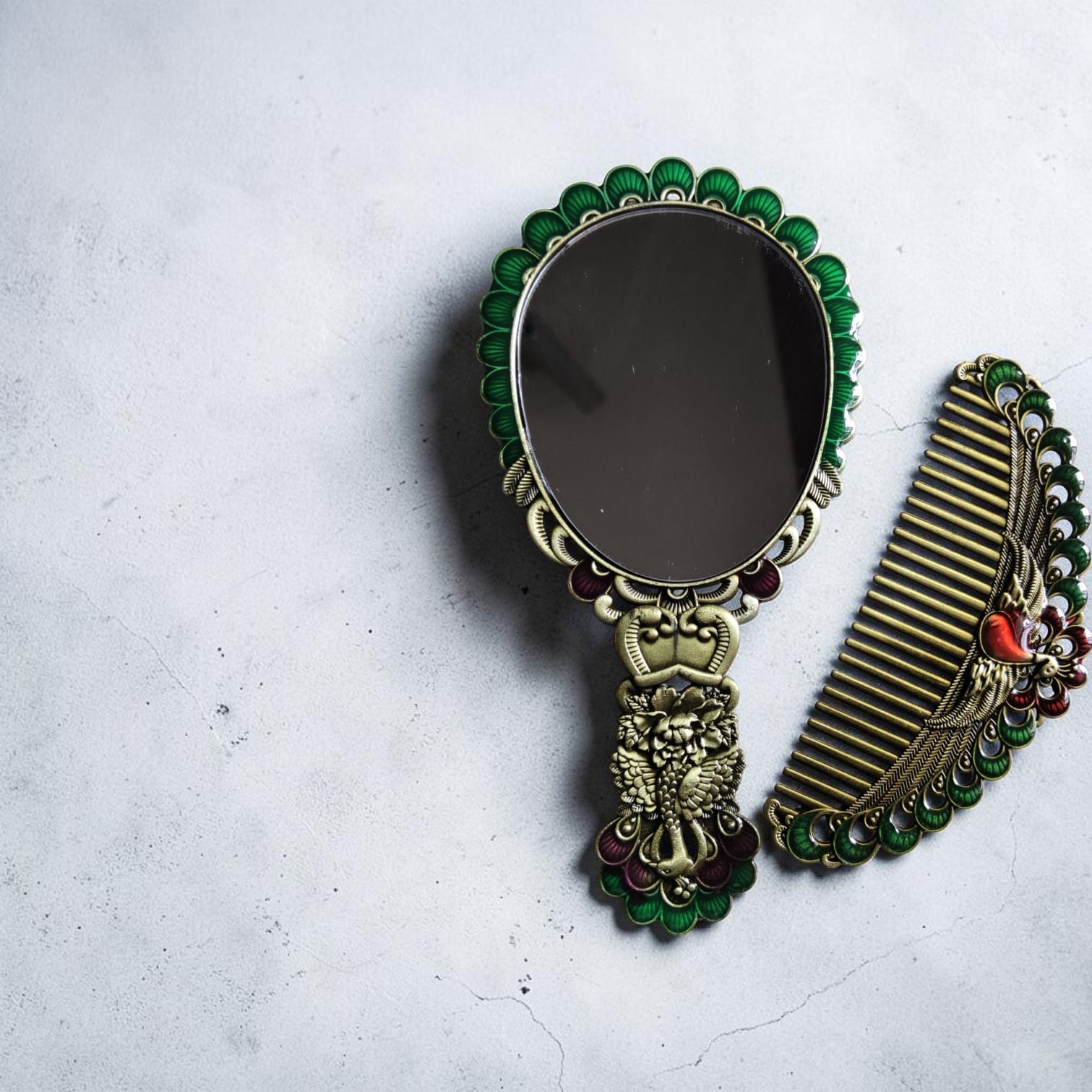 Antique Peacock Hand Mirror & Comb Set - Vintage Metal Vanity Kit with Rhinestone Work — image 2