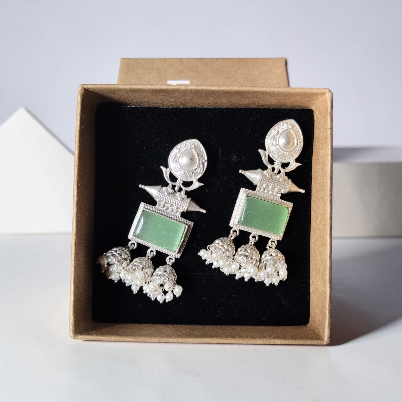 Tara Jaipuri Mint Stone Silver Look Triple Jhumki Earrings — image 3