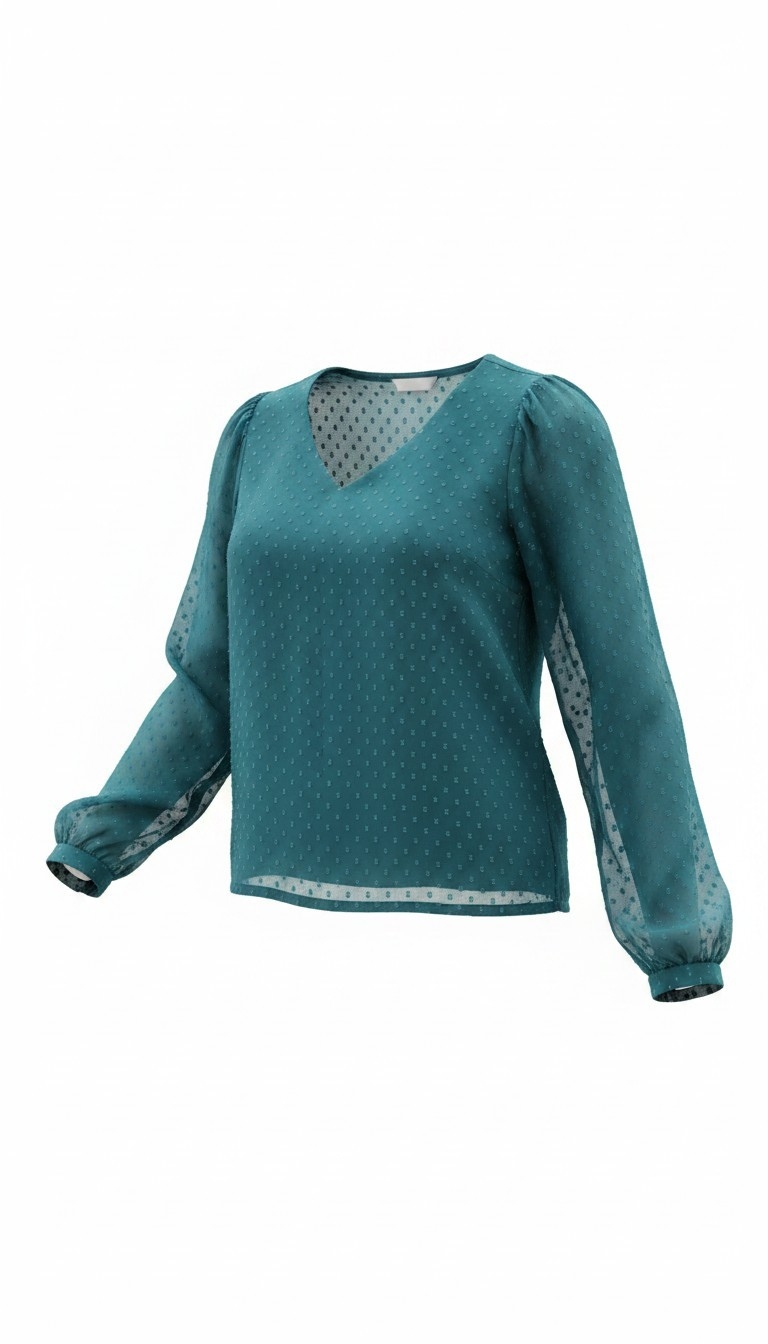 women teal v-neck top with sheer full sleeves — image 2