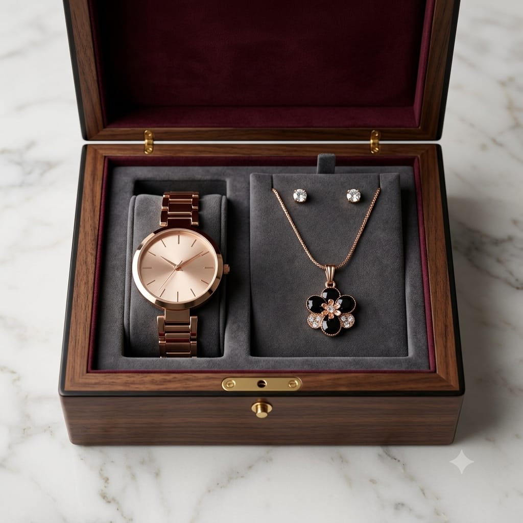 Women's NEWTOUCH 3-in-1 Rose Gold Star Gift Set - Designer Watch, Star Circle Pendant & Stud Earrings with Box — image 2